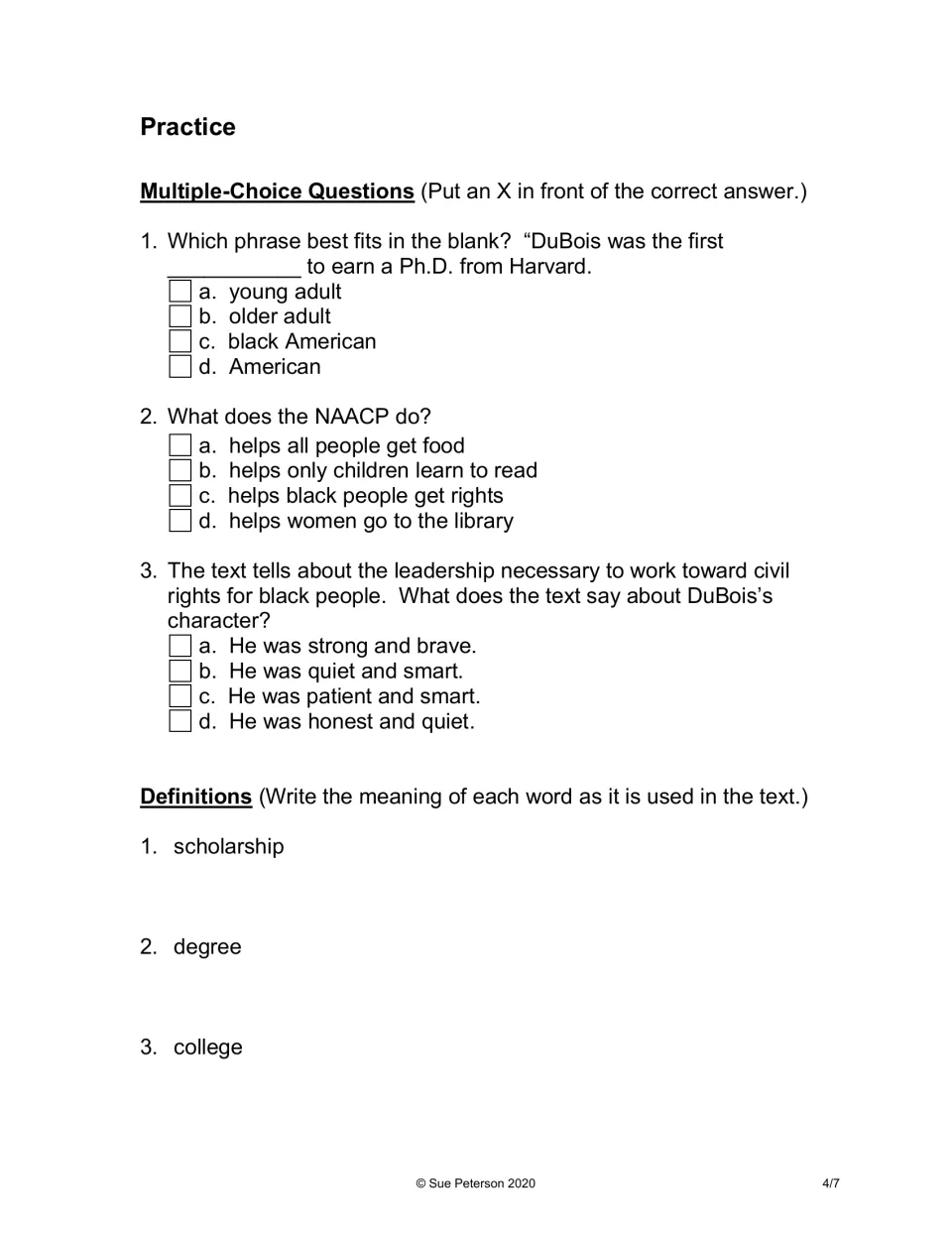 Biography practice includes three multiple-choice questions and definitions of scholarship, degree, and college