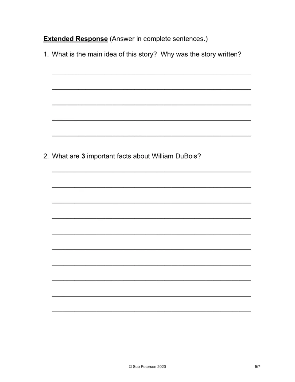 Extended response practice asks for the biography's main idea, why it was written, and three DuBois facts