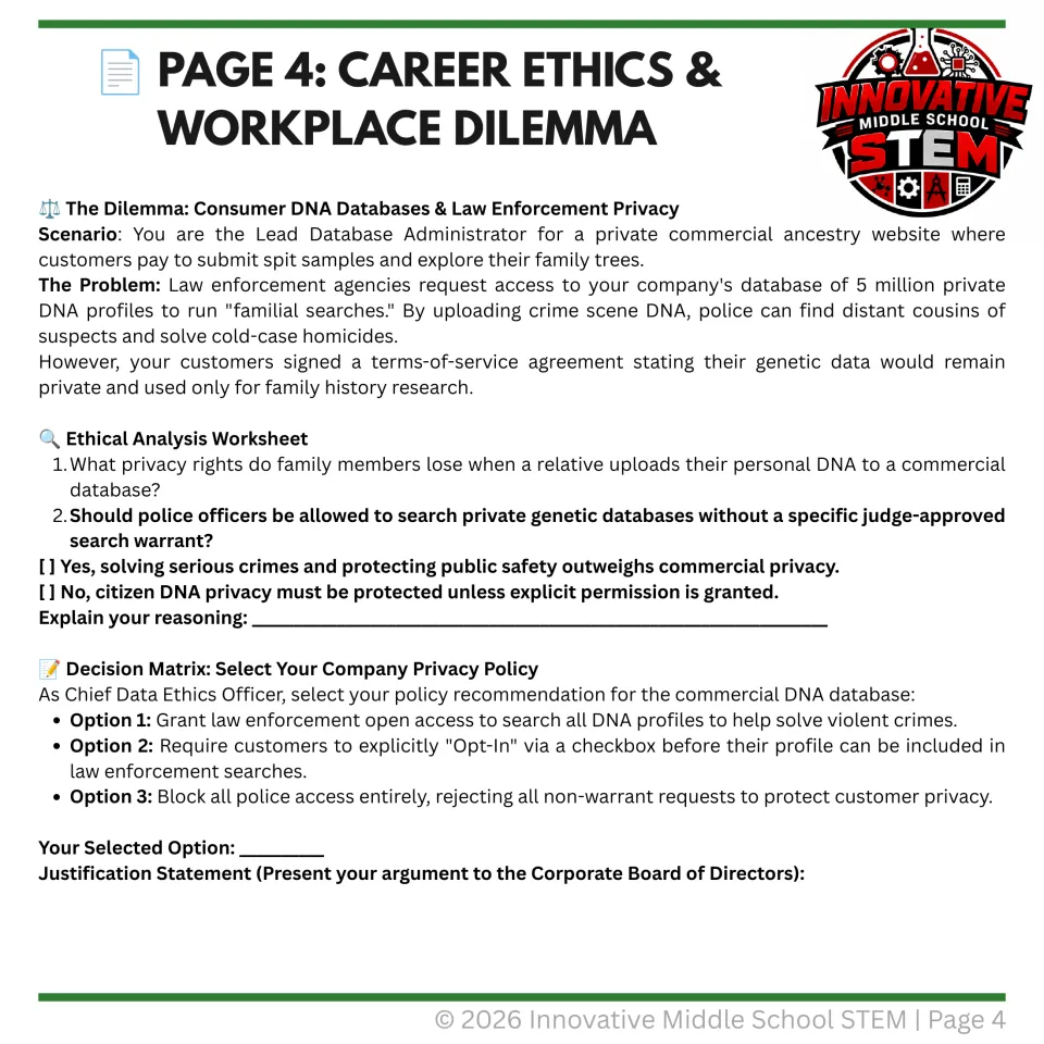 Career ethics activity asking students to weigh genetic privacy and police access to ancestry databases