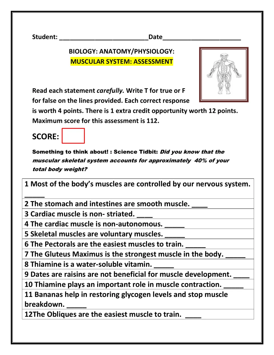 Muscular system true/false test, items 1-12: students mark T or F on muscle types, cardiac muscle, thiamine and diet