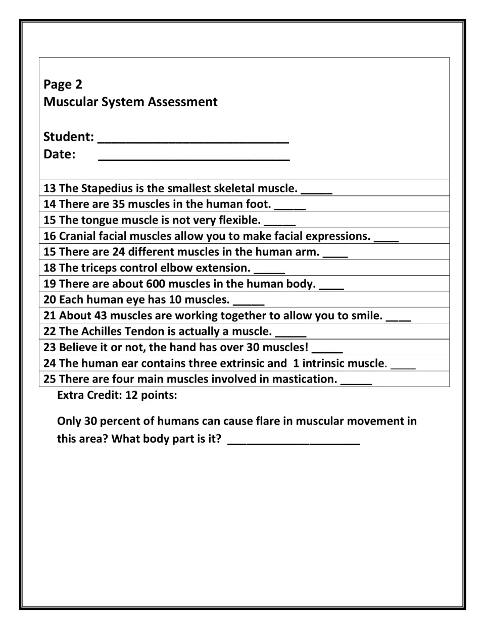 Muscular system true/false, items 13-25: students judge facts on foot, eye, hand and ear muscles; 12-point extra credit