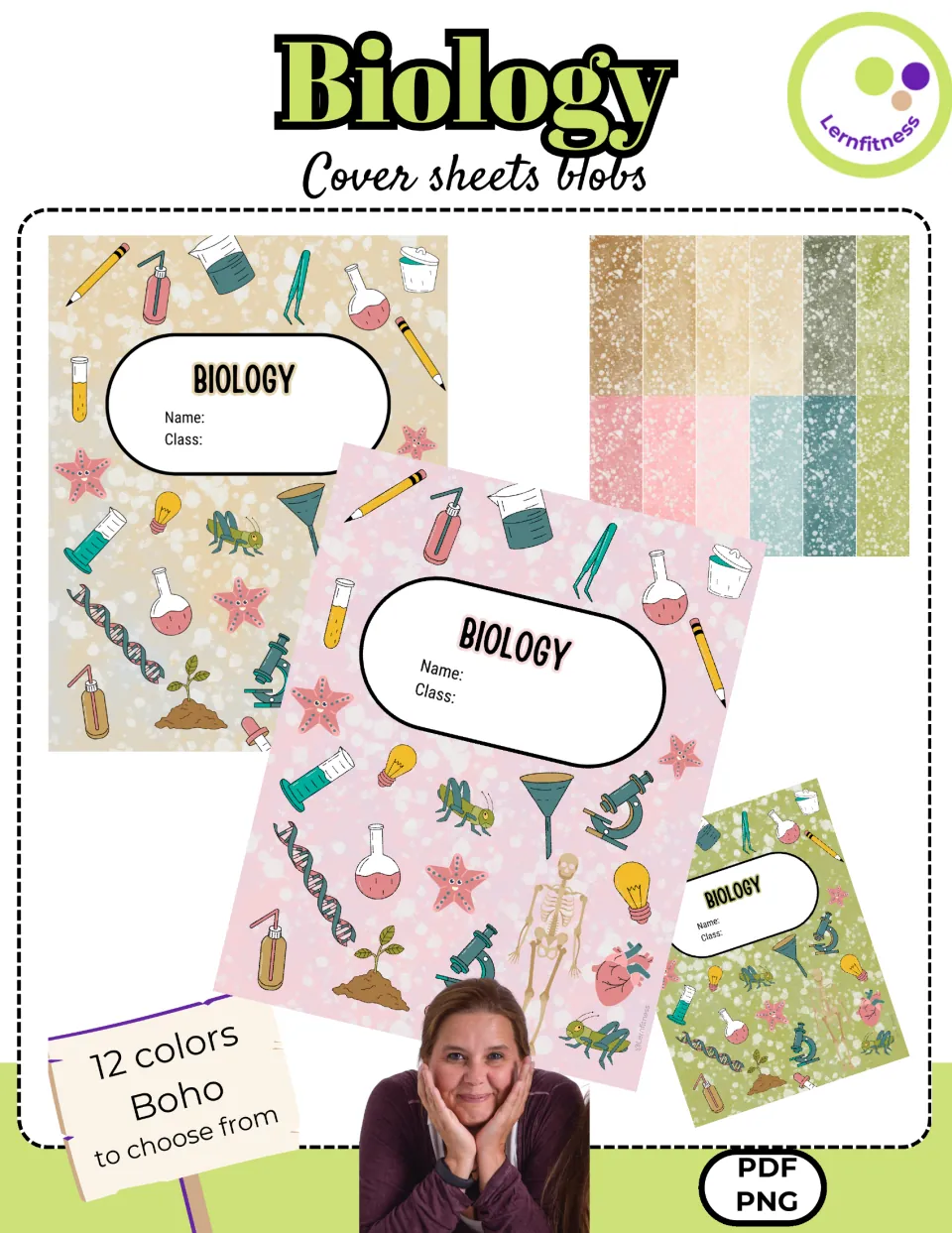Biology cover sheets blobs: title page showing sample binder covers with name and class lines and 12 boho color swatches