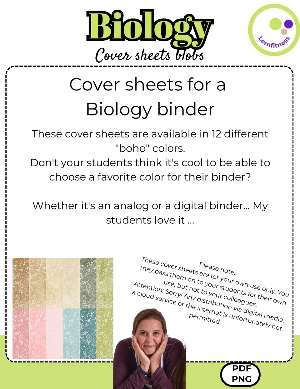 Cover sheets for a Biology binder: note on 12 boho colors for analog or digital binders, plus own-use sharing terms