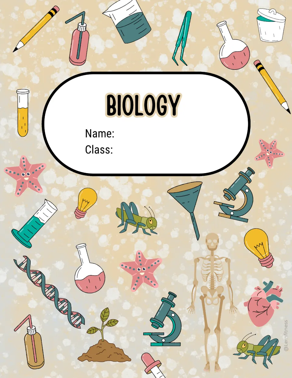 Pale beige Biology binder cover with Name and Class lines amid microscope, DNA, skeleton, heart and starfish art