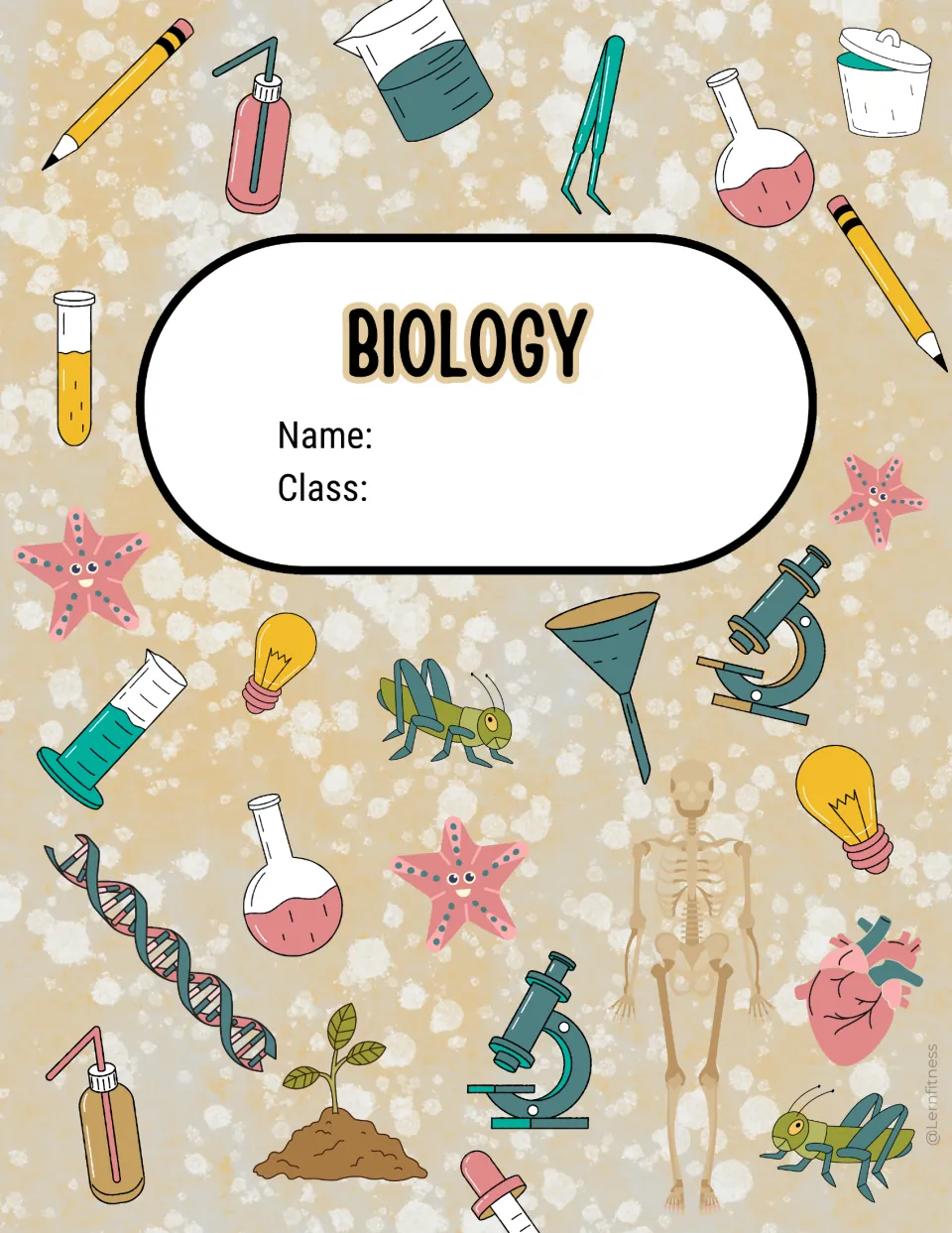 Golden beige version of the BIOLOGY cover: Name and Class label framed by beakers, flasks, grasshoppers and a plant