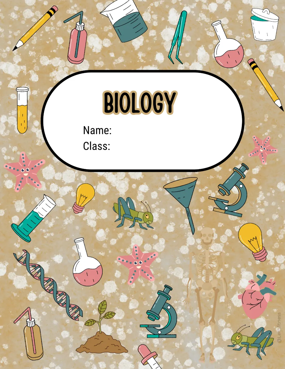 Tan speckled BIOLOGY cover with a center label for student name and class, surrounded by lab tools and a sprouting seedling