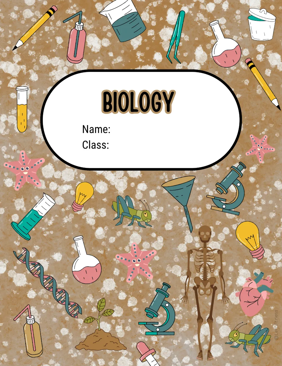 Brown speckled BIOLOGY cover sheet with Name and Class spaces and doodles of a dropper, test tube, funnel and skeleton