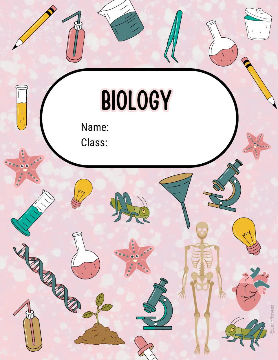 Pale pink BIOLOGY binder cover: student writes name and class in the center label, with bulbs, microscopes and DNA art