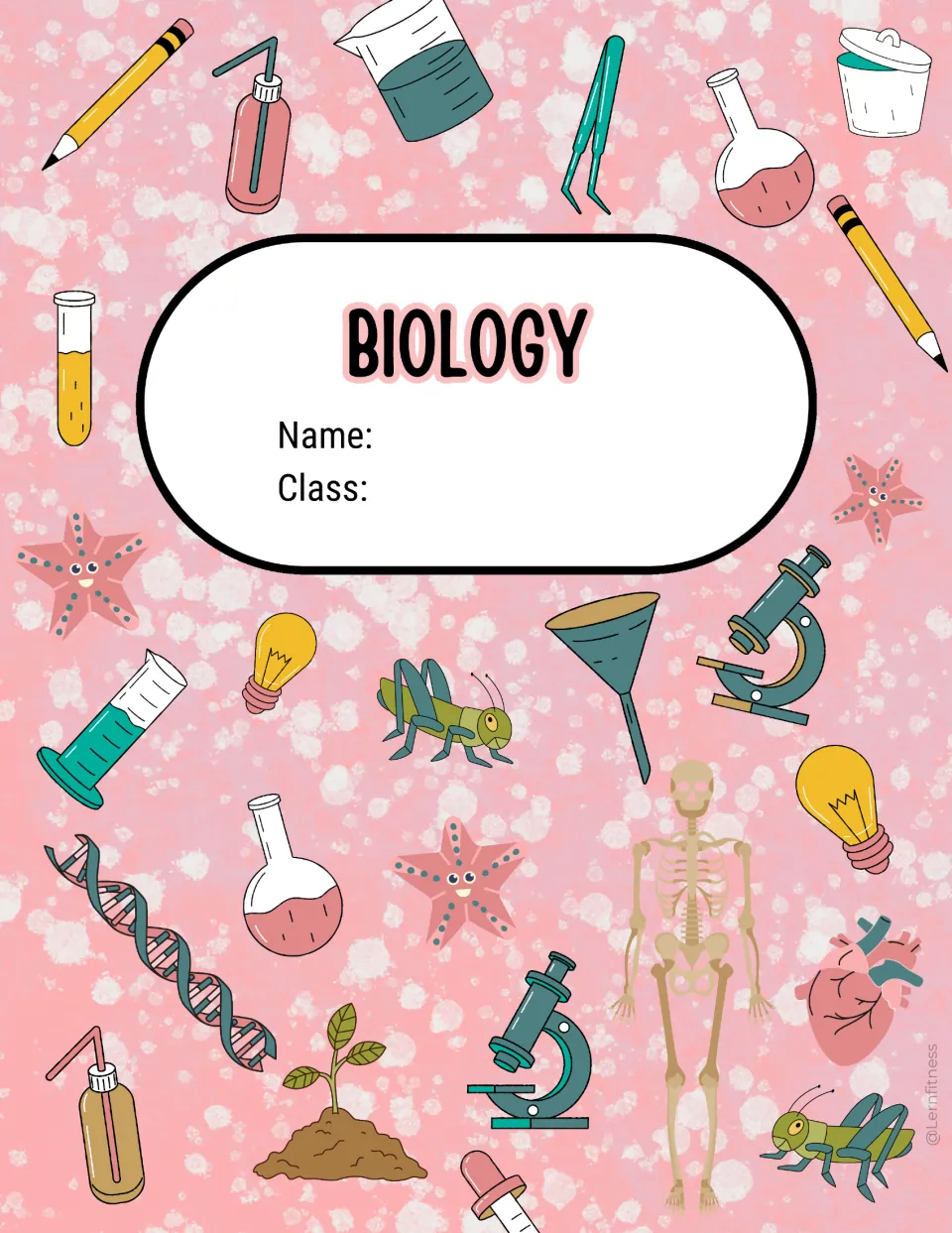 Salmon pink BIOLOGY cover sheet for student name and class, decorated with a heart, grasshoppers, pencils and beakers