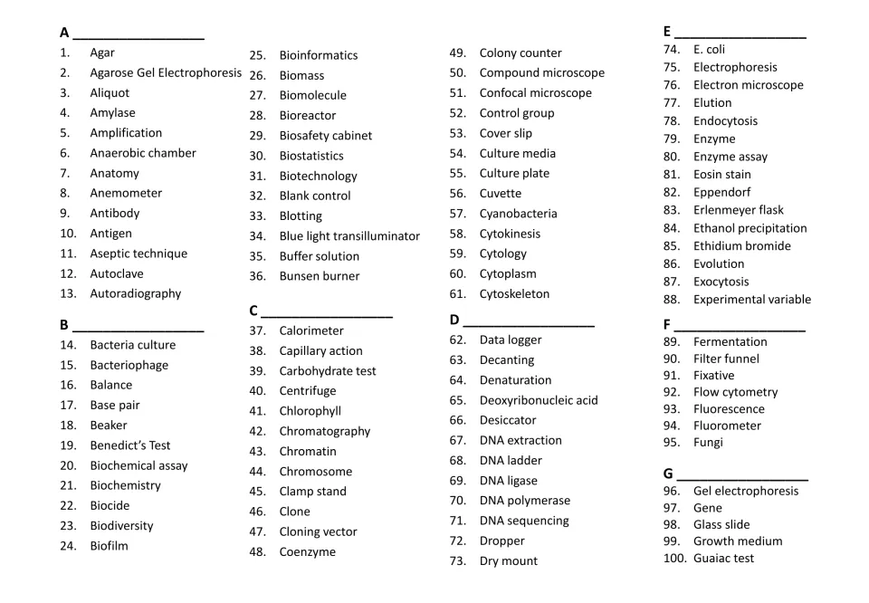 Biology term index A to G: numbered terms 1 to 100, from agar to guaiac test, grouped under letter headings