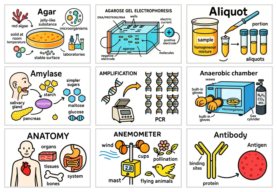 Picture cards for agar through antibody, illustrating aliquot, amylase, PCR amplification, an anaerobic chamber and anatomy