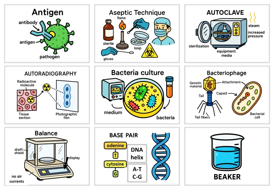 Picture cards for antigen through beaker, showing an autoclave, bacteriophage parts, base pairs A-T and C-G and a balance