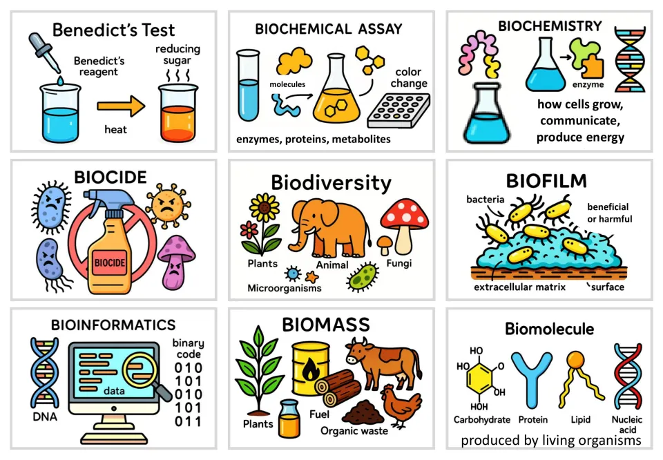 Picture cards for Benedict's test through biomolecule, showing biodiversity, a biofilm, biomass and four biomolecule types
