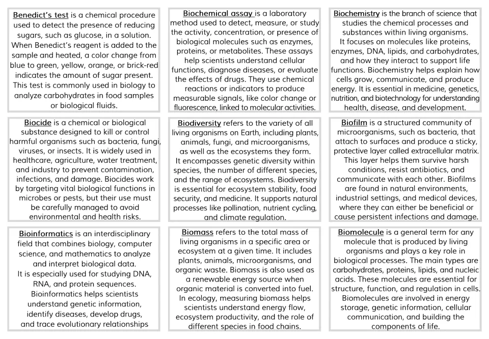 Definition cards for Benedict's test through biomolecule, from reducing sugar color change to biofilm extracellular matrix