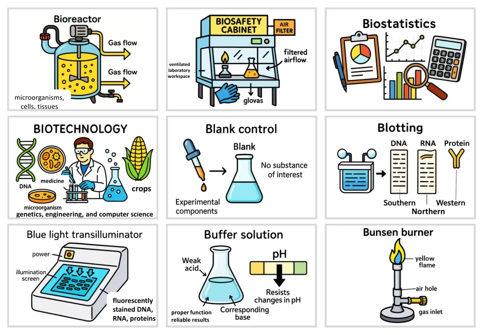 Picture cards for bioreactor through Bunsen burner, showing a biosafety cabinet, Southern, Northern and Western blotting