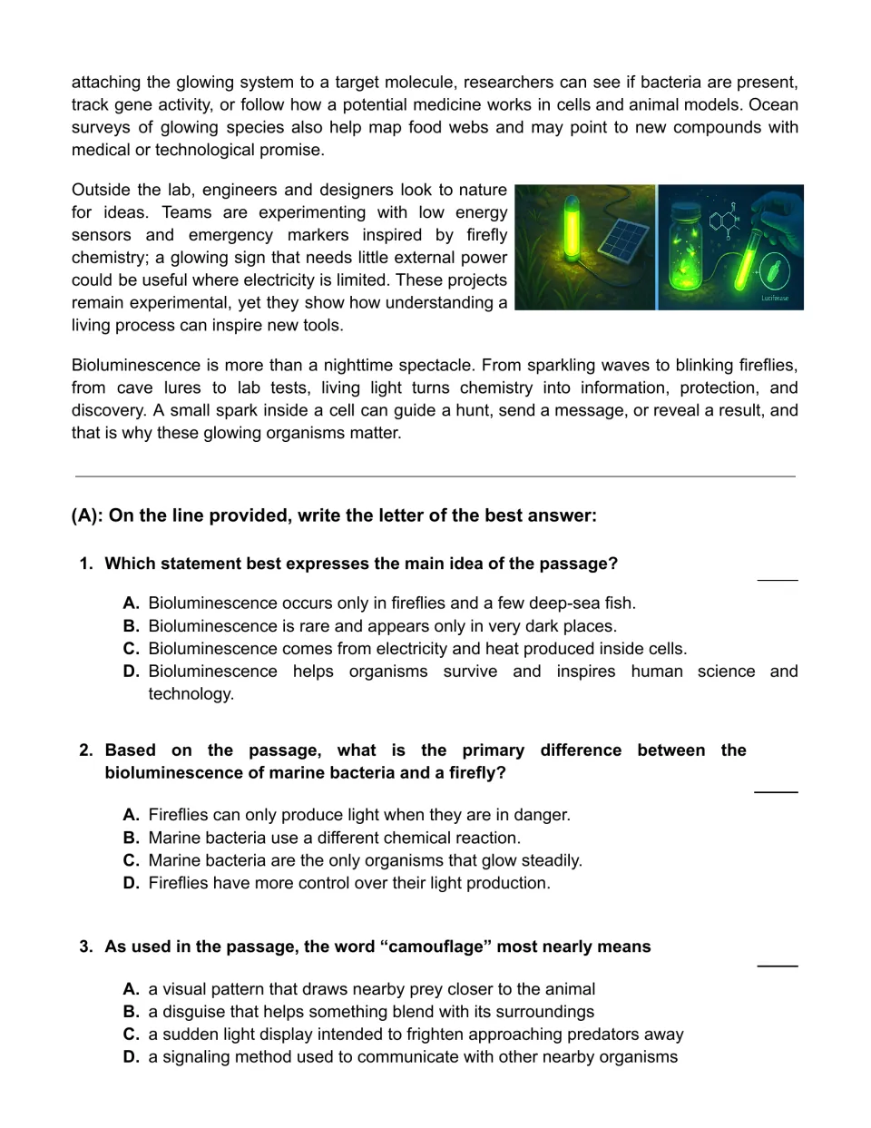 Bioluminescence passage ends with lab and design uses; students answer multiple-choice items on main idea and vocabulary