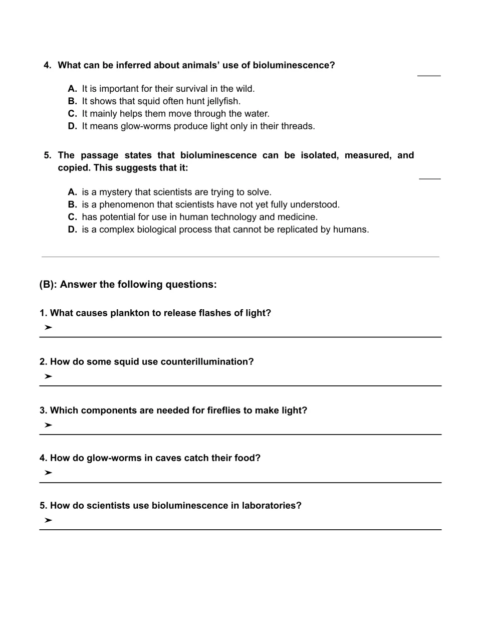 Bioluminescence questions: two inference multiple-choice items, then five short answers on plankton, squid and glow-worms