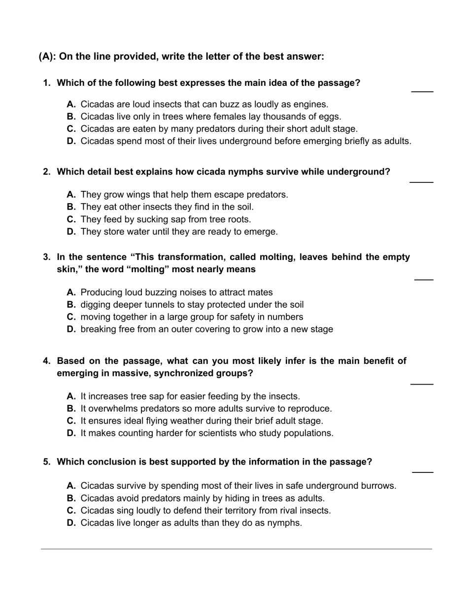 Five multiple-choice questions on the cicada passage cover main idea, feeding, molting, and group survival