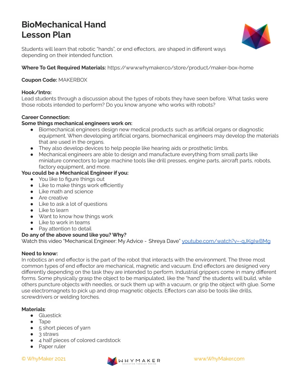 Lesson plan introduction: robotic end effectors, engineering careers, discussion prompts, and materials.