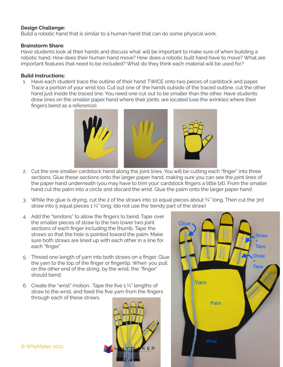 Lesson plan build steps 1–6: trace hand shapes, mark joints, and attach straw guides and yarn tendons.