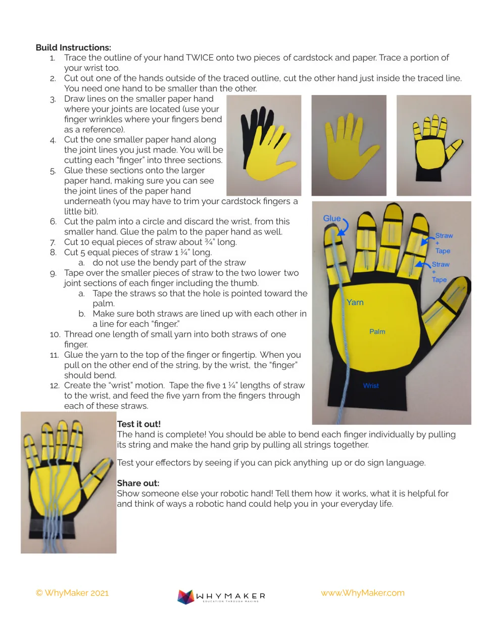 Student activity guide build steps 1–12, hand assembly photos, string-pulling tests, and sharing prompts.
