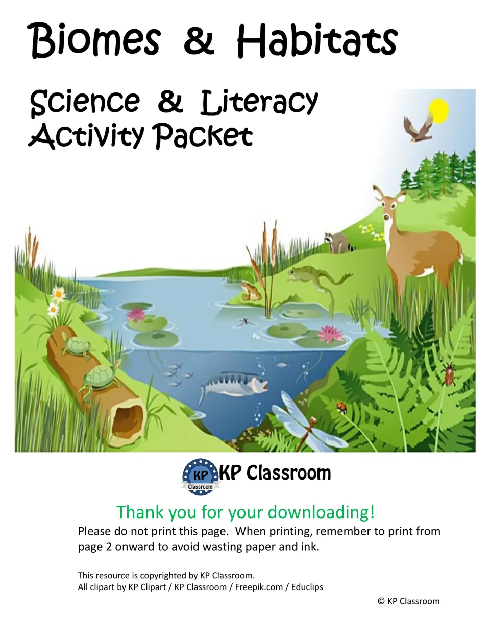 Biomes & Habitats Science & Literacy Activity Packet cover: pond scene with deer, frogs, turtles, fish and a dragonfly