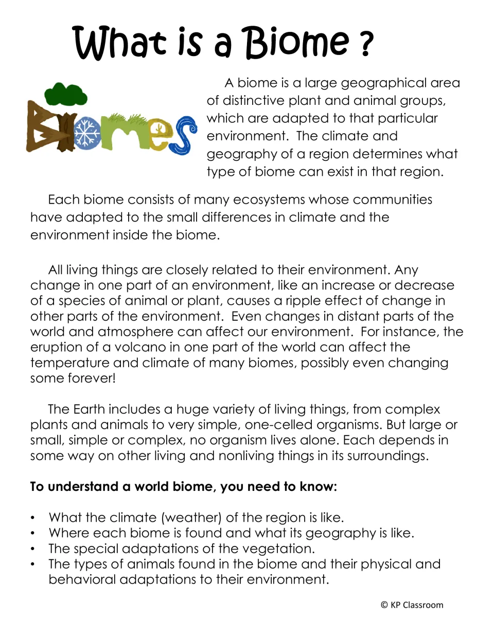 What is a Biome? reading passage on climate, geography, ecosystems and the four things to know to understand a world biome