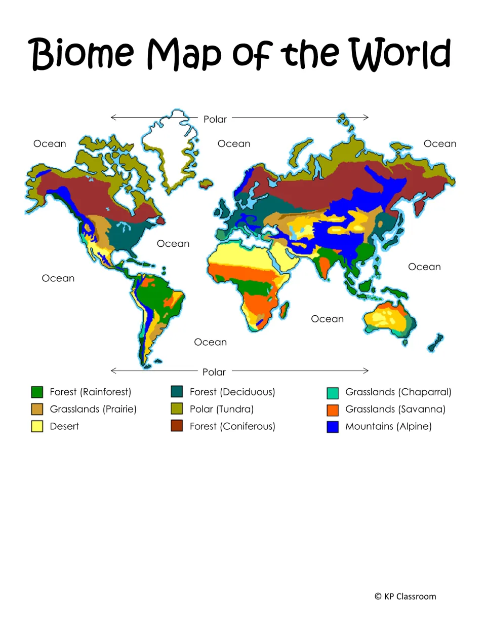 Biome map of the world color-coded for rainforest, deciduous, coniferous, prairie, savanna, desert, tundra and more
