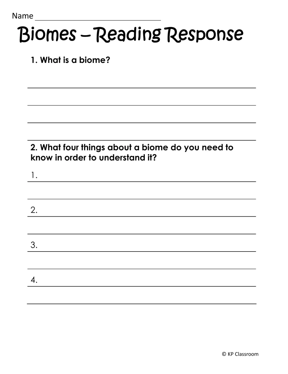Biomes reading response: students define a biome and list the four things needed to understand one, recalling the text