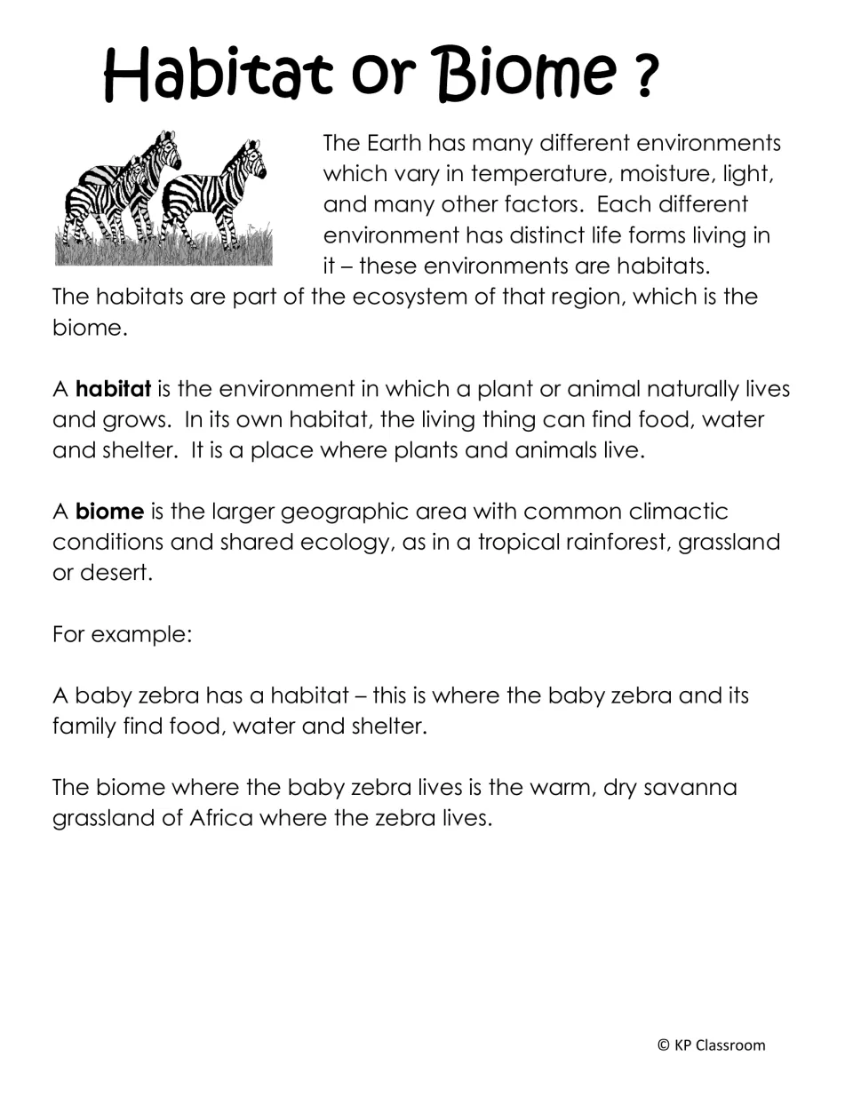 Habitat or Biome? passage comparing the two terms, using a baby zebra's habitat and the African savanna biome as an example