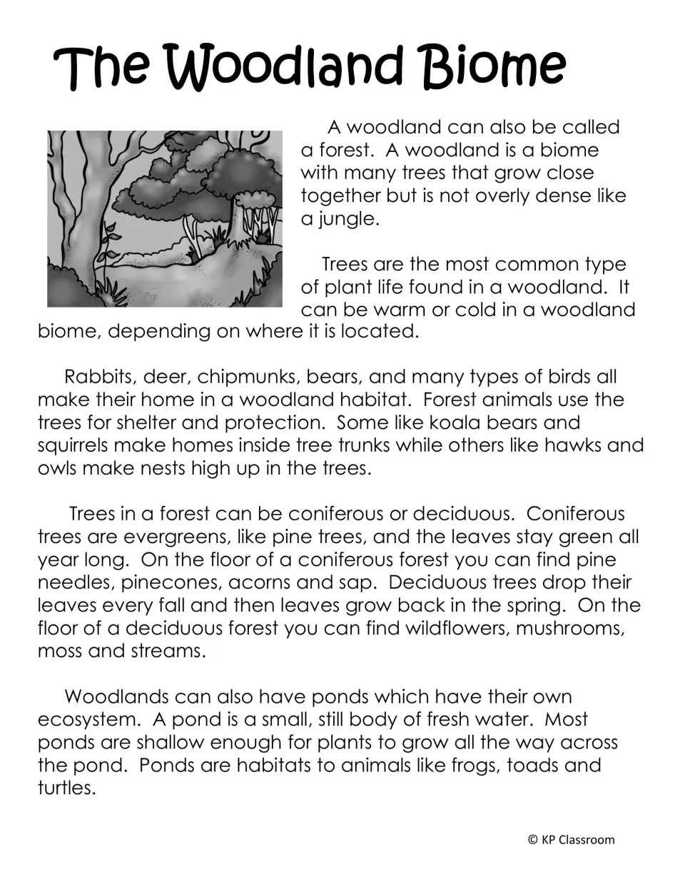 The Woodland Biome reading on forest animals, coniferous versus deciduous trees, and pond ecosystems with frogs and turtles