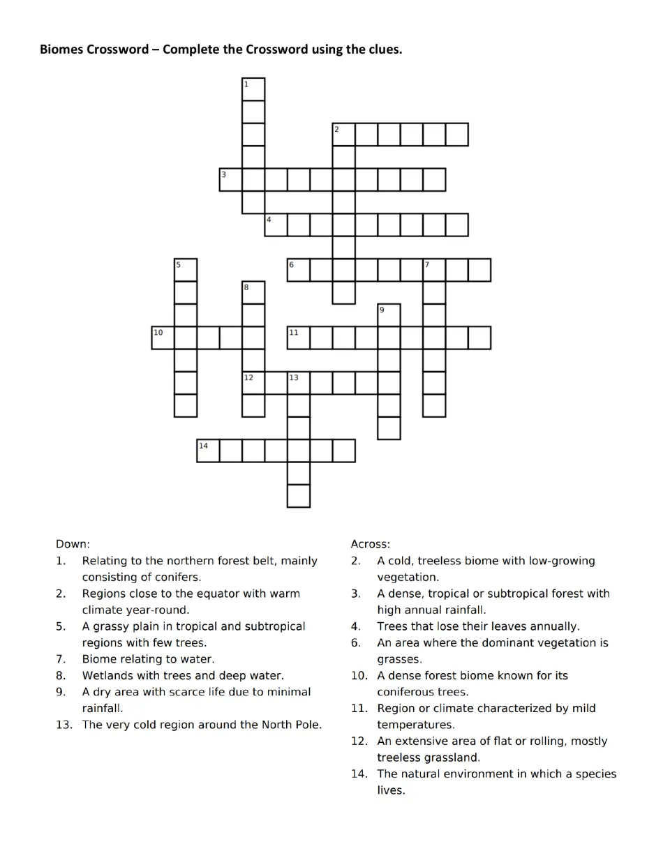 Biomes vocabulary crossword: students solve 14 clues, such as a cold treeless biome, to fill in biome terms