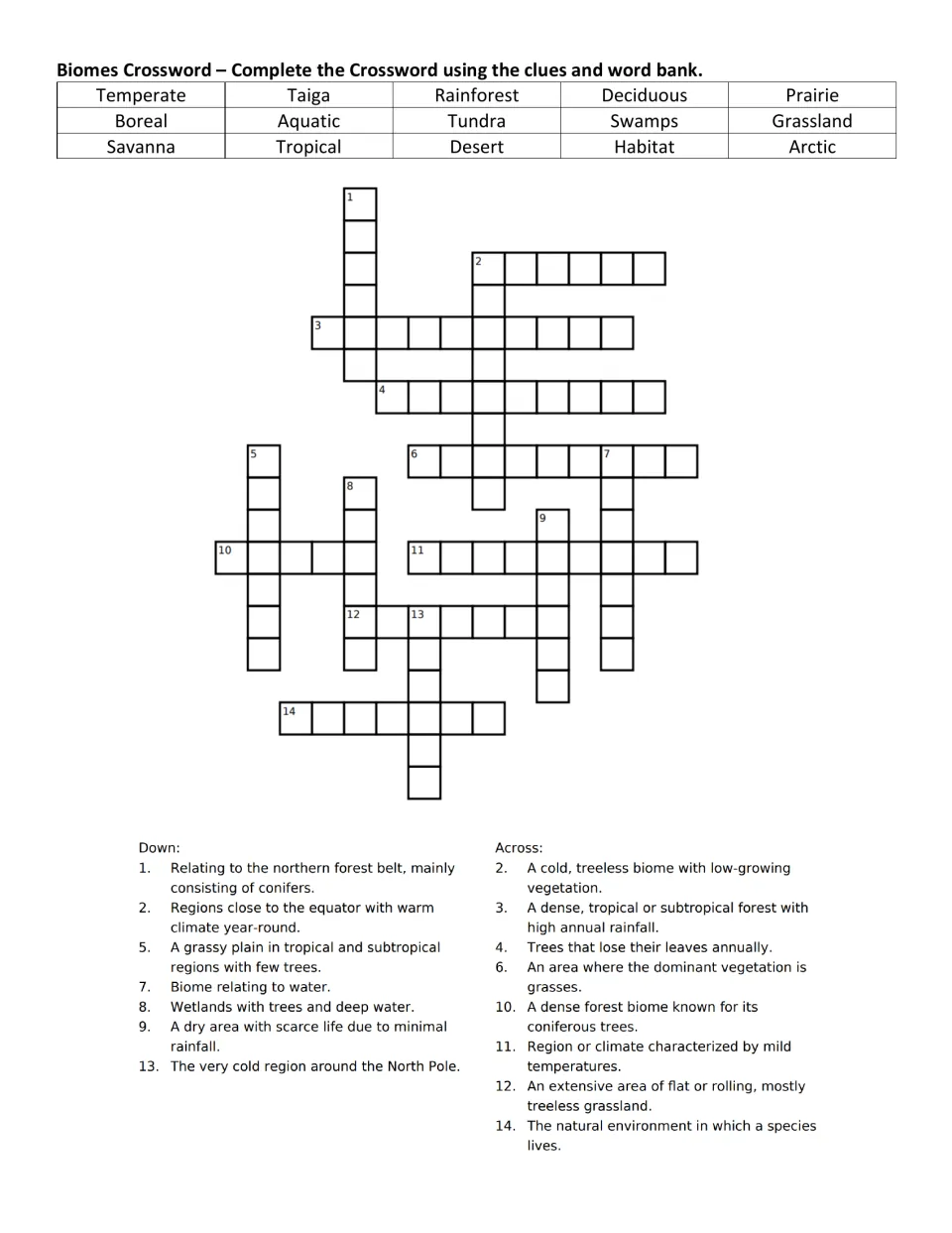 Biomes vocabulary crossword with a 15-word bank, including taiga, tundra and savanna, to match biome terms to their clues