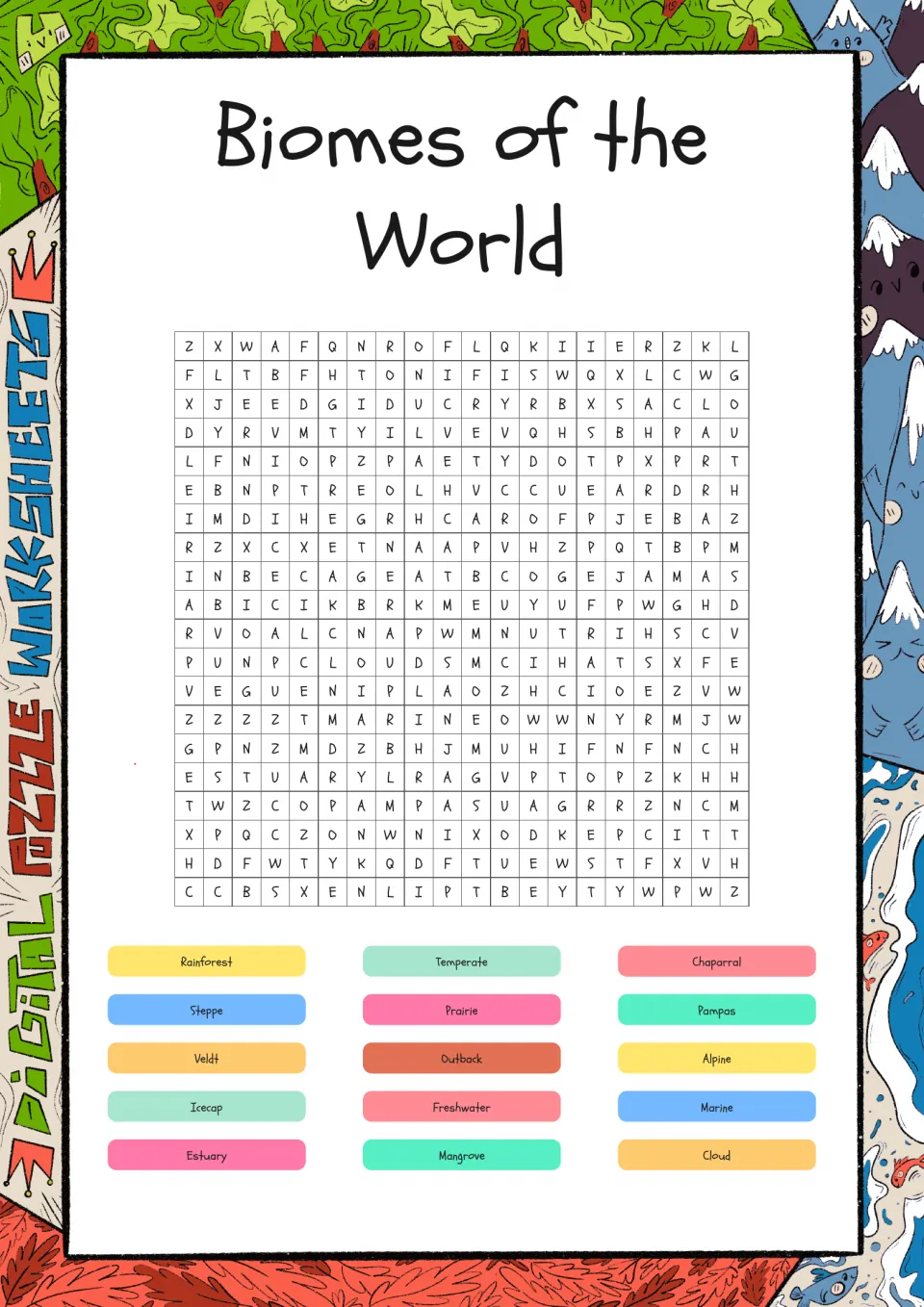 World biomes word search: students find 15 biome names such as rainforest, chaparral, veldt, icecap and mangrove