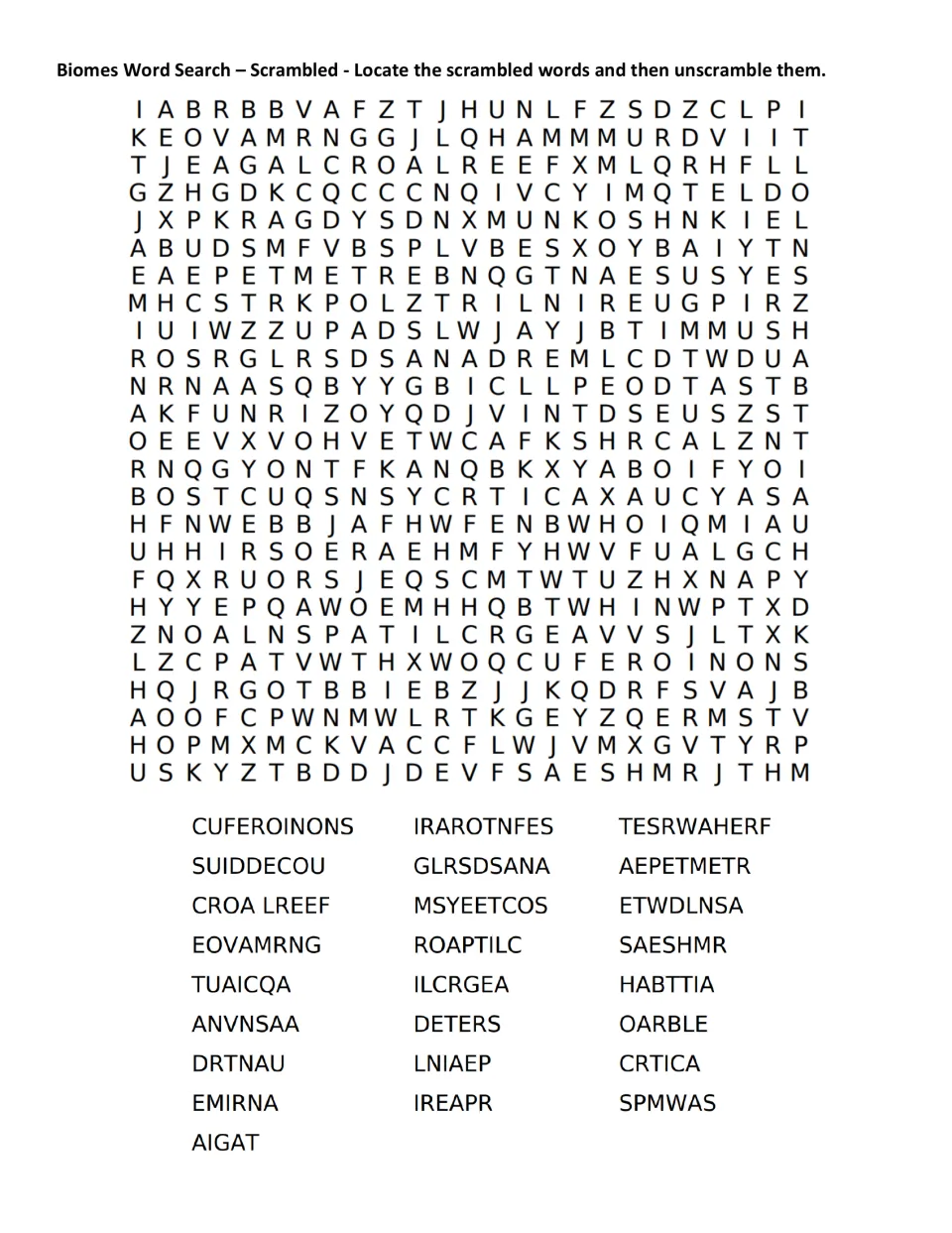 Scrambled biome word search: students find jumbled terms like DRTNAU and AIGAT in the puzzle, then unscramble each one
