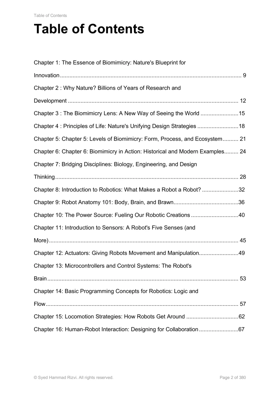 Contents for chapters 1–16: biomimicry principles, robot anatomy, sensors, programming, and locomotion