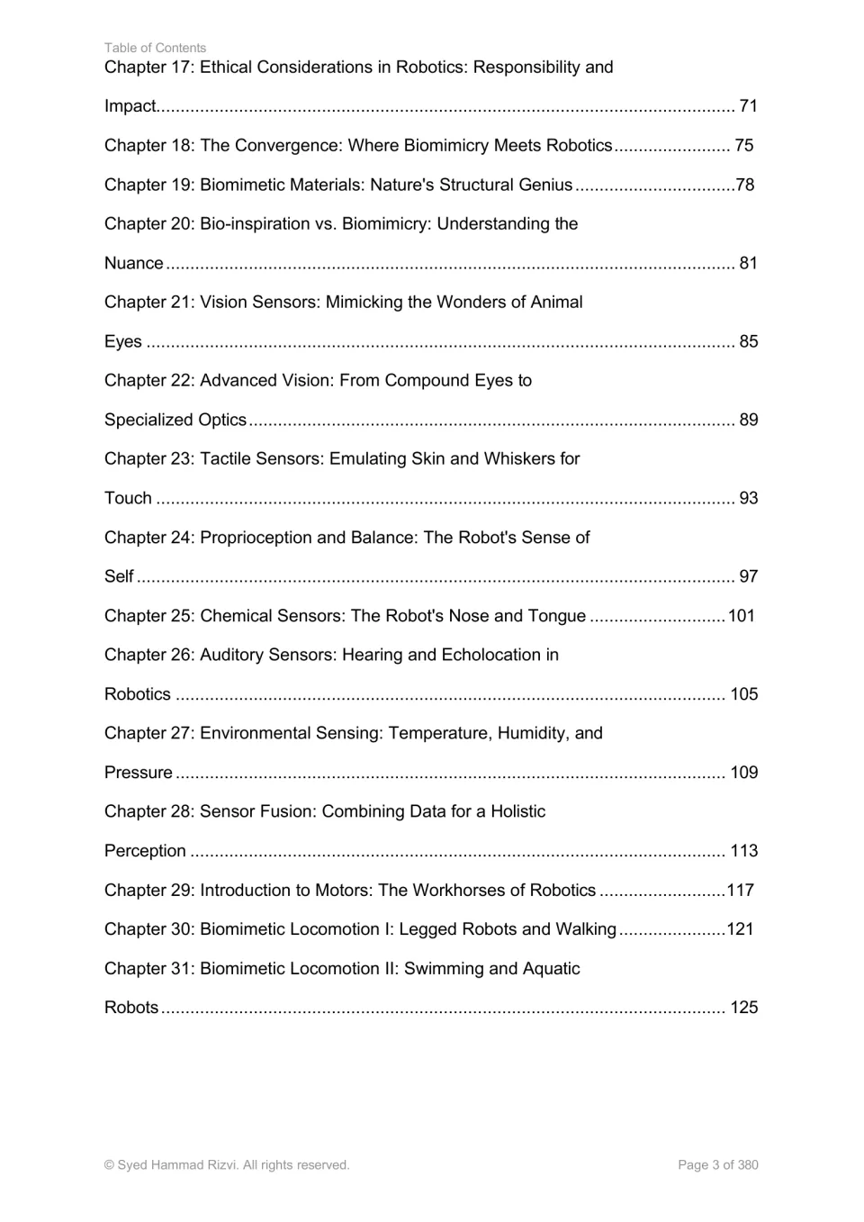Contents for chapters 17–31: robotics ethics, biomimetic materials, animal-inspired sensors, and motors