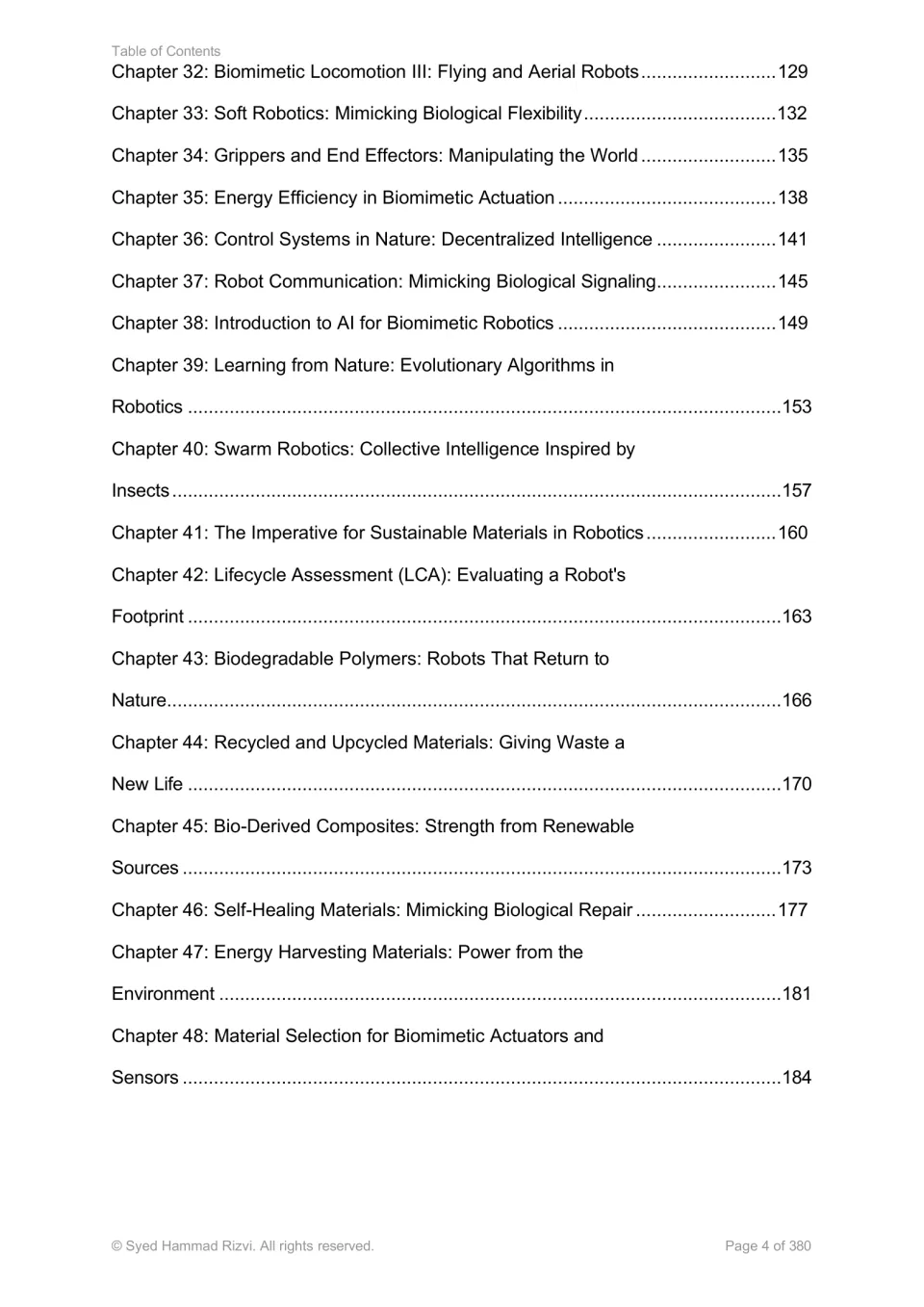 Contents for chapters 32–48: flying robots, soft robotics, swarm intelligence, and sustainable materials