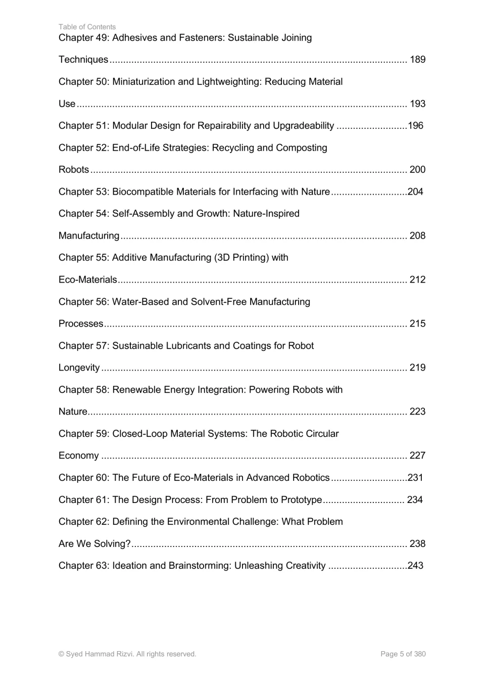 Contents for chapters 49–63: sustainable joining, repairable robots, manufacturing, and design planning