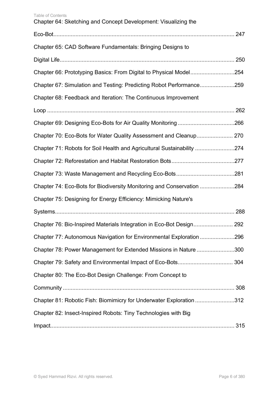 Contents for chapters 64–82: CAD, prototyping, testing, environmental eco-bots, and robotic fish