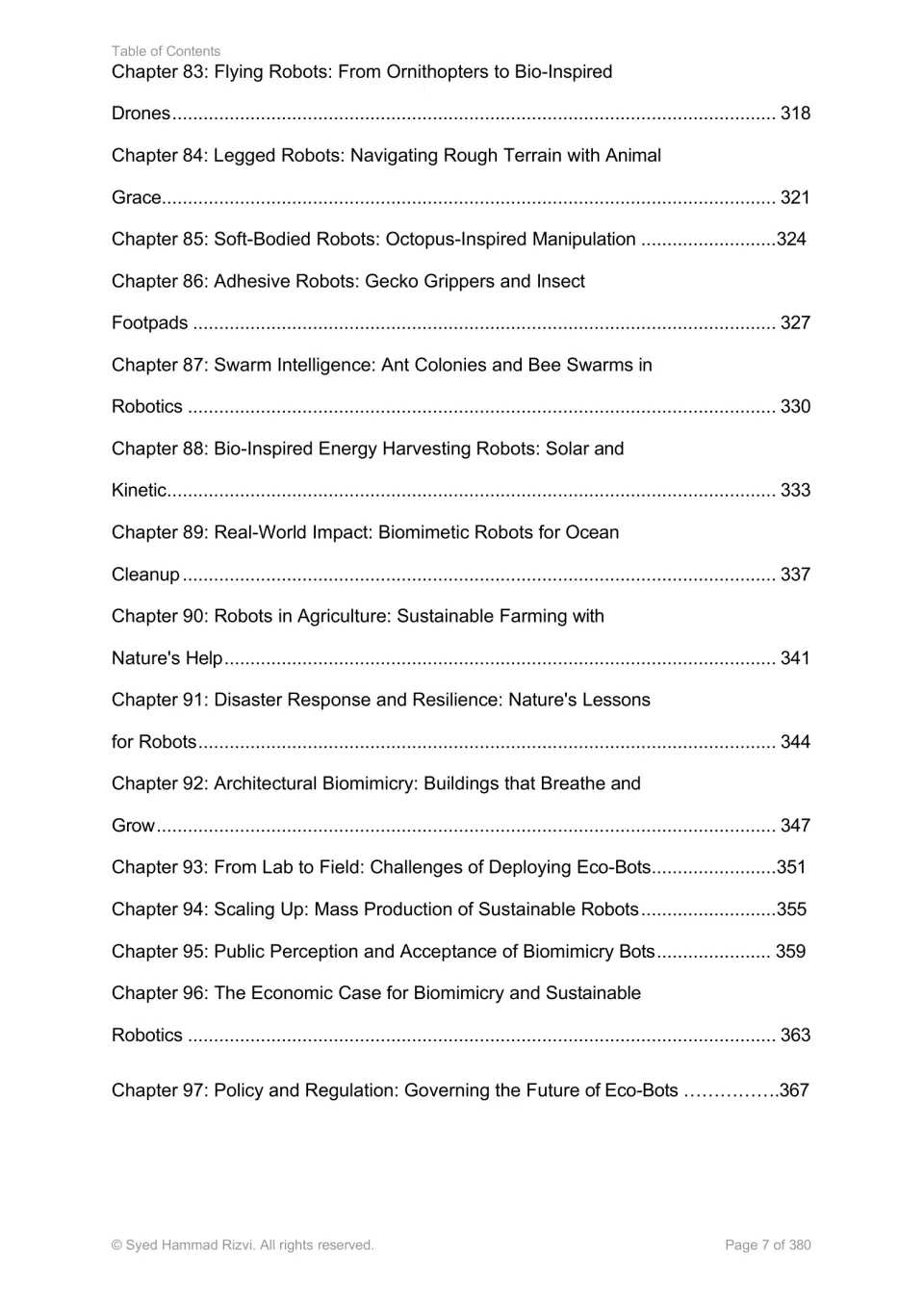 Contents for chapters 83–97: animal-inspired robots, ocean cleanup, agriculture, deployment, and policy