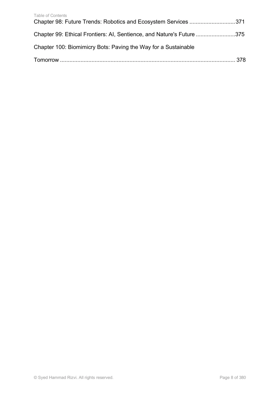 Final contents page lists chapters 98–100 on ecosystem services, AI ethics, and a sustainable tomorrow