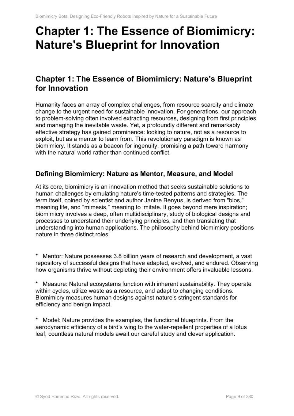 Chapter 1 opening reading defines biomimicry and explains nature's roles as mentor, measure, and model