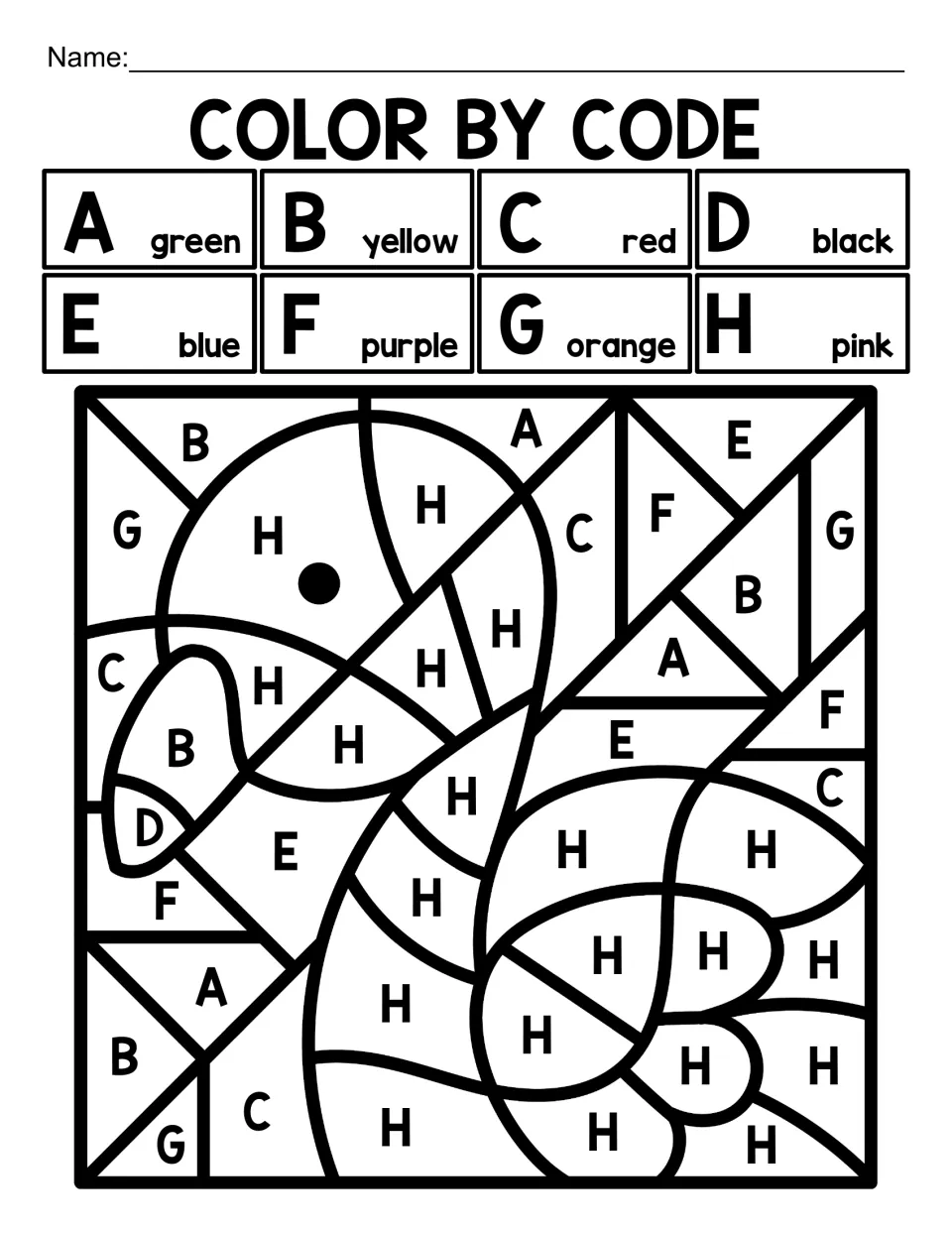 Bird alphabet coloring worksheet 1: a flamingo coded with letters A–H, including H for pink and D for black