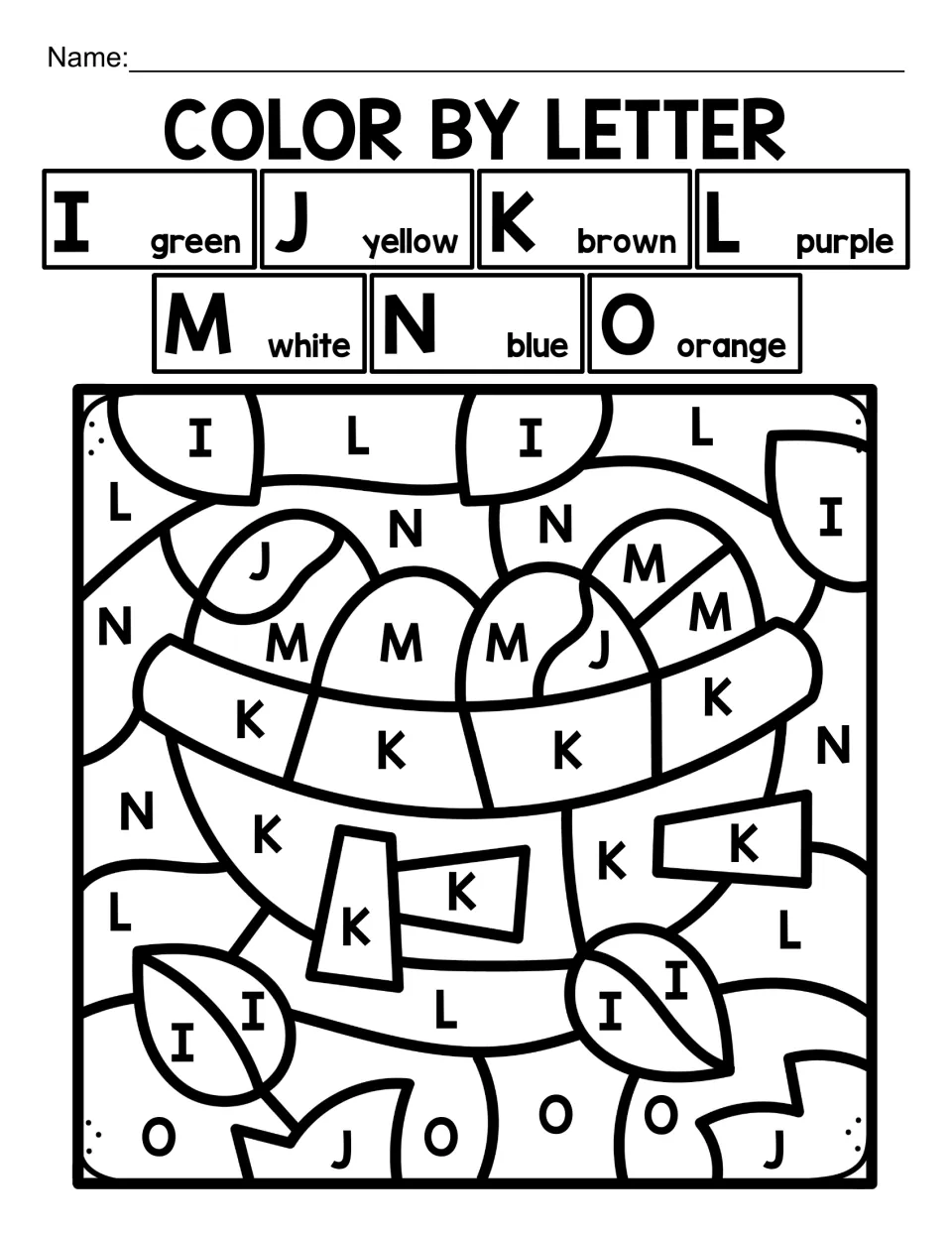 Bird alphabet coloring worksheet 2: eggs in a nest coded with letters I–O, including K for brown