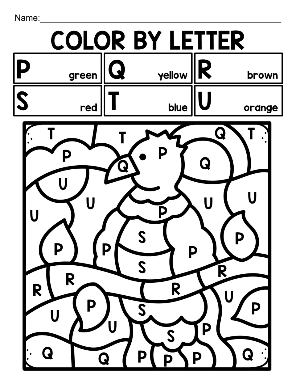 Bird alphabet coloring worksheet 3: a parrot on a branch coded with letters P–U, including P for green