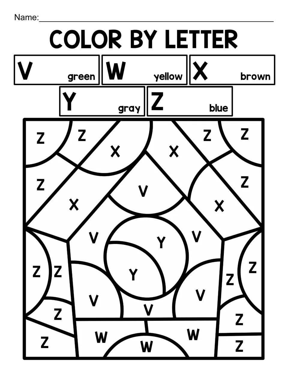 Bird alphabet coloring worksheet 4: a birdhouse coded with letters V–Z, including V for green and Y for gray