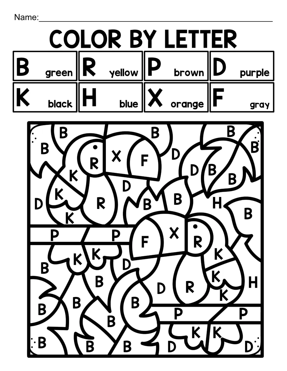 Bird alphabet coloring worksheet 5: two toucans coded with B, R, P, D, K, H, X, and F, including K for black