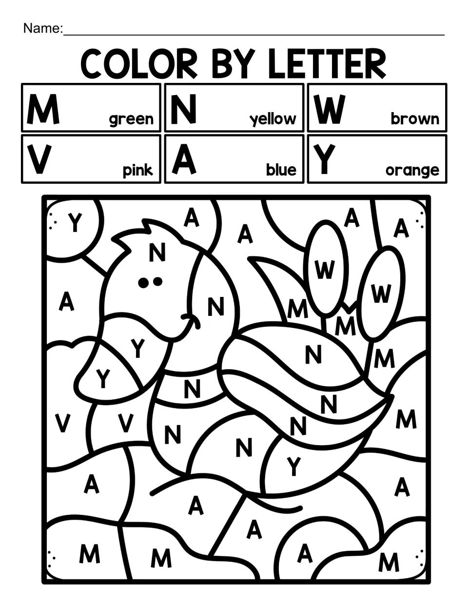 Bird alphabet coloring worksheet 6: a duck beside cattails coded with M, N, W, V, A, and Y; N means yellow