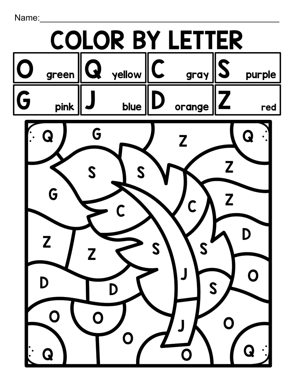 Bird alphabet coloring worksheet 7: a feather coded with O, Q, C, S, G, J, D, and Z, including S for purple